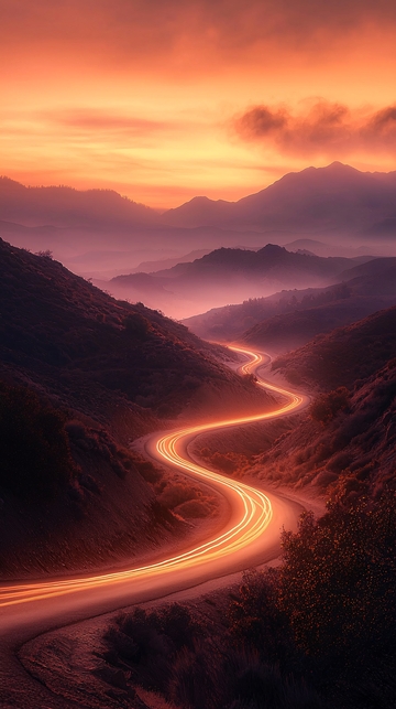 蜿蜒山路日落光轨