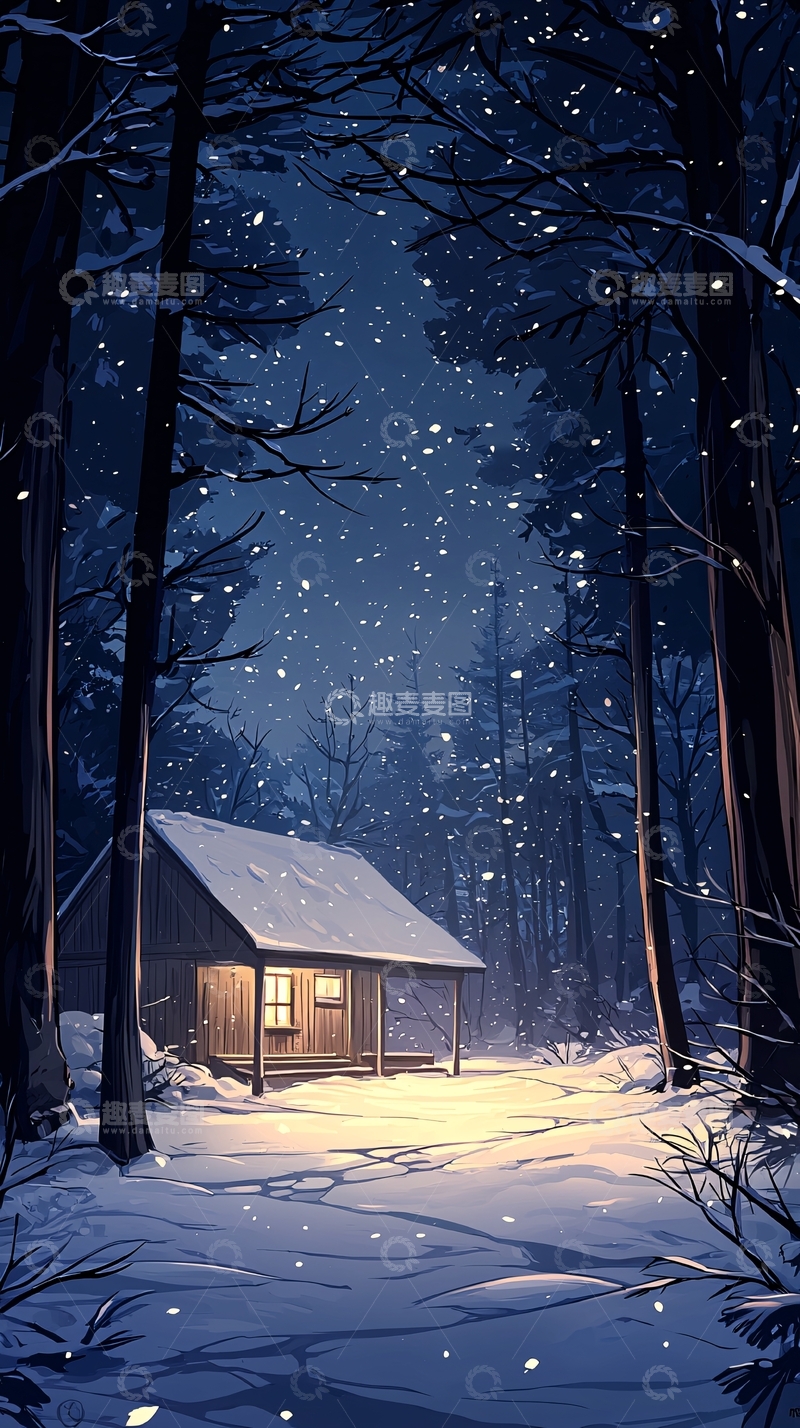 高清大图下载【趣麦麦图】冬夜小屋雪景