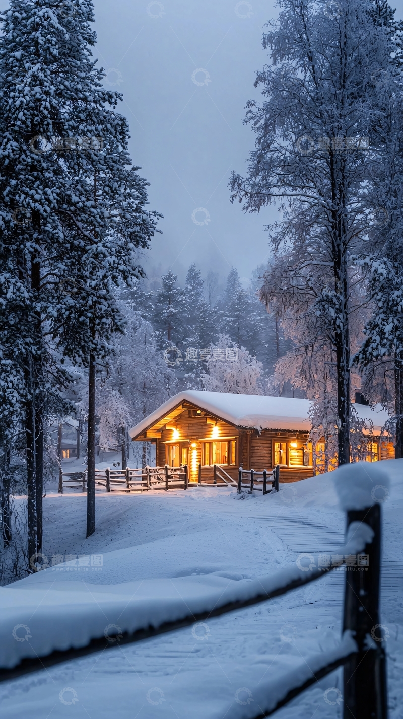 高清大图下载【趣麦麦图】冬夜雪景中的小木屋