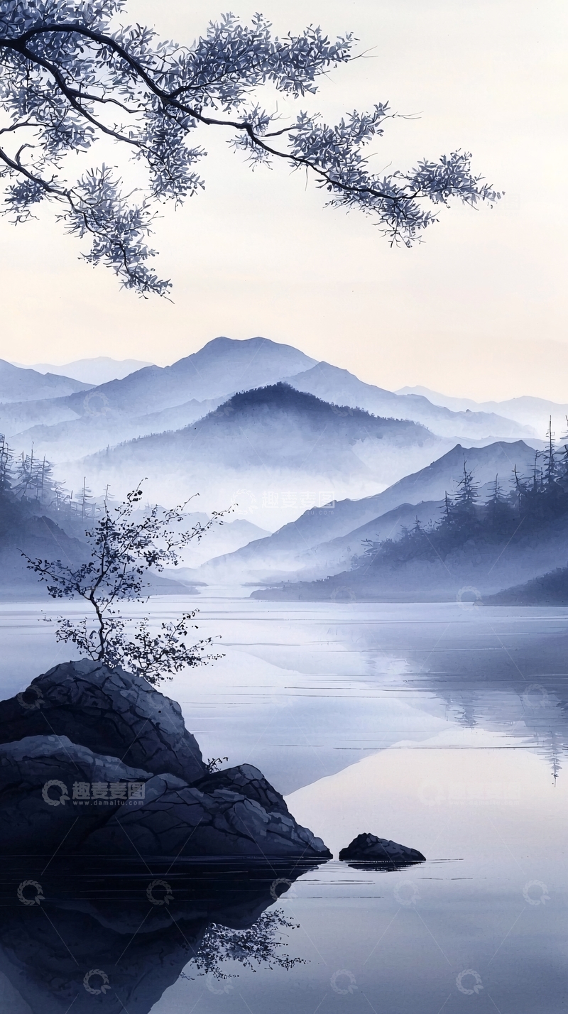 高清大图下载【趣麦麦图】晨雾山水画风景图