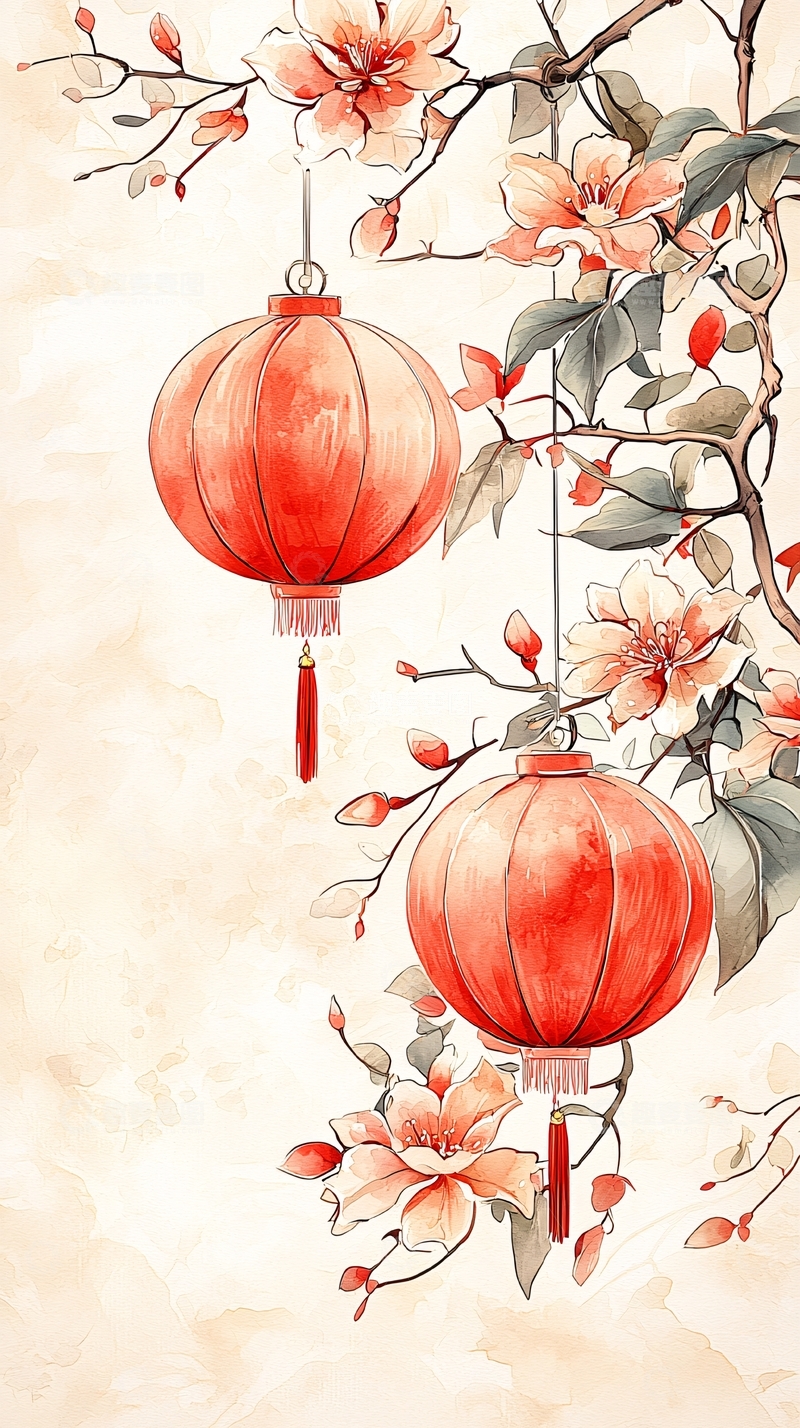 高清大图下载【趣麦麦图】红灯笼与花卉手绘背景