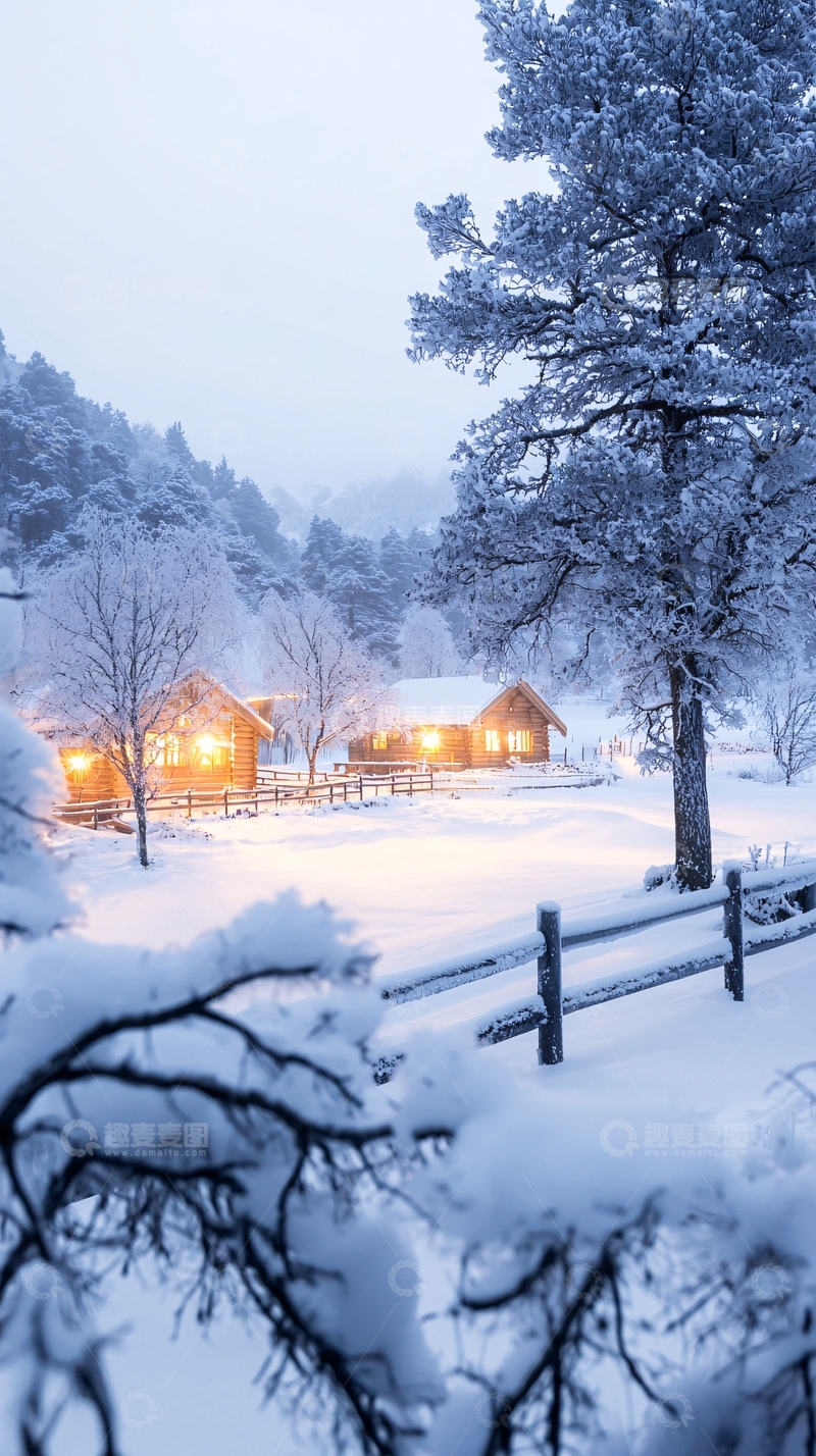 高清大图下载【趣麦麦图】冬日雪景中的小木屋
