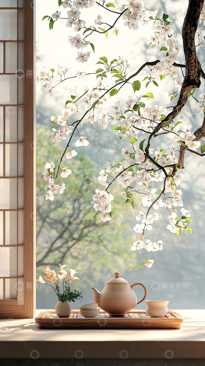 高清大图下载【趣麦麦图】春日茶香窗前静谧