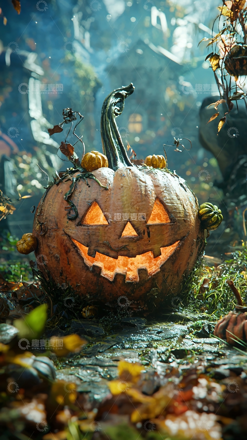 高清大图下载【趣麦麦图】万圣节南瓜灯与落叶