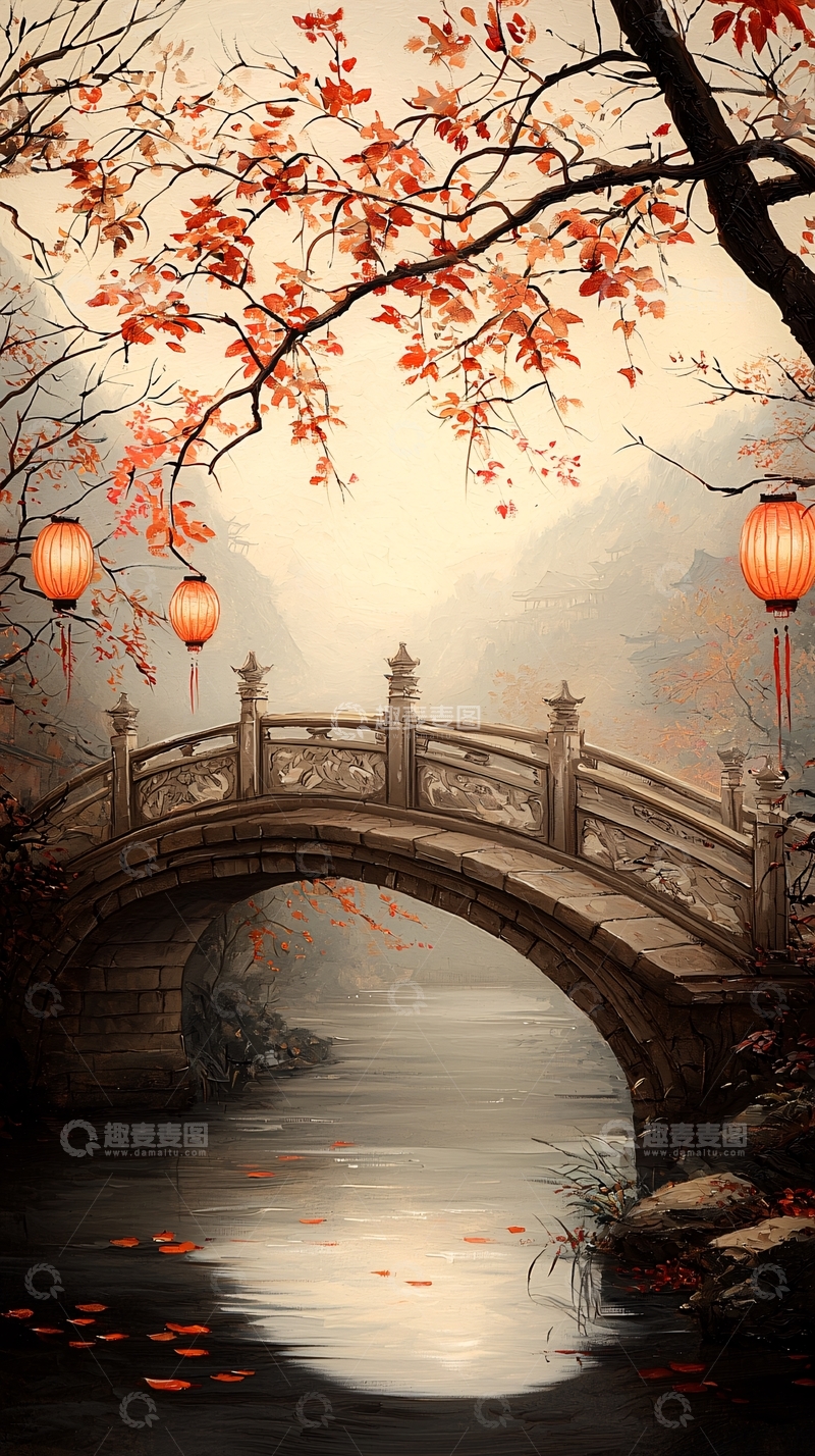 高清大图下载【趣麦麦图】秋日古桥灯笼风景