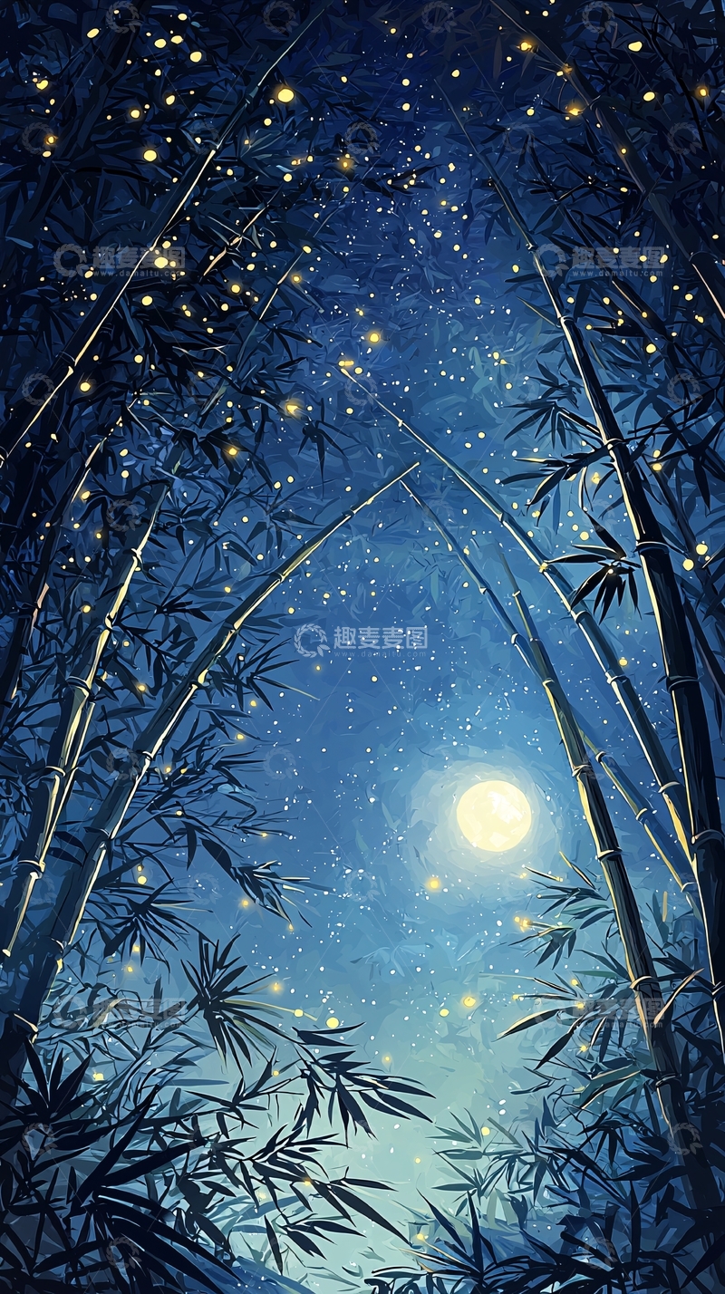 高清大图下载【趣麦麦图】竹林夜景萤火虫