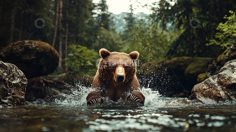 高清大图下载【趣麦麦图】森林中的棕熊在水中嬉戏