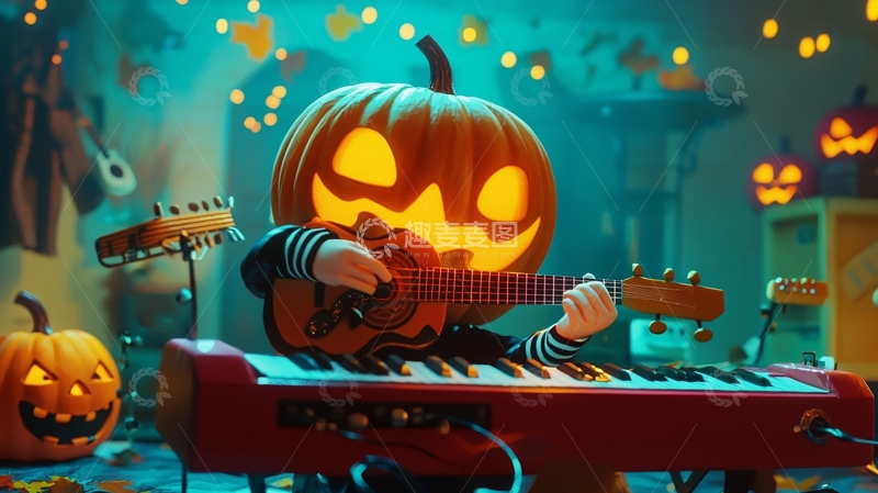 高清大图下载【趣麦麦图】万圣节南瓜演奏音乐场景