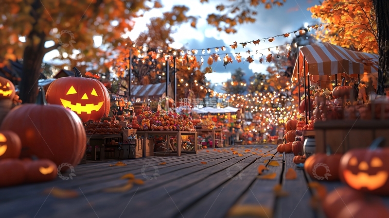 高清大图下载【趣麦麦图】万圣节南瓜集市夜景