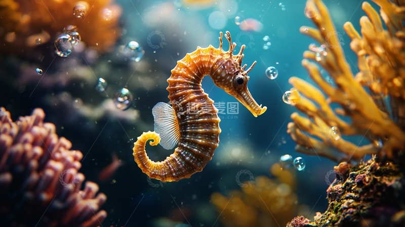 高清大图下载【趣麦麦图】海马在珊瑚礁中游动