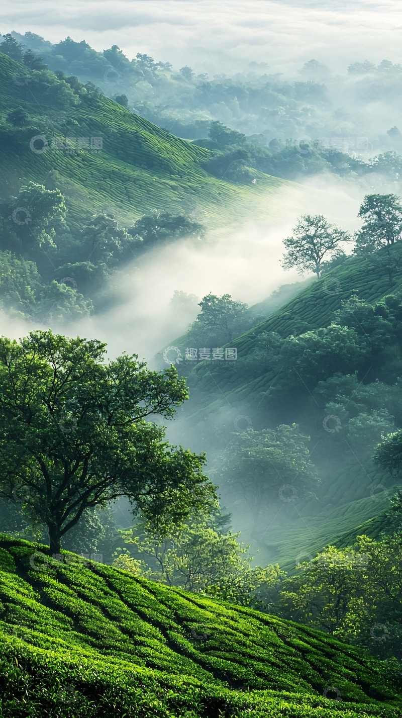 高清大图下载【趣麦麦图】茶园晨雾高清图片