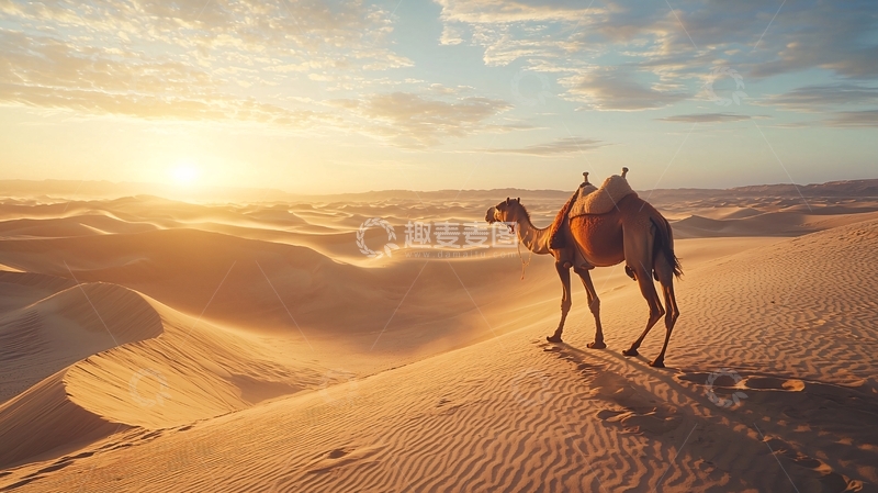 高清大图下载【趣麦麦图】沙漠驼影夕阳