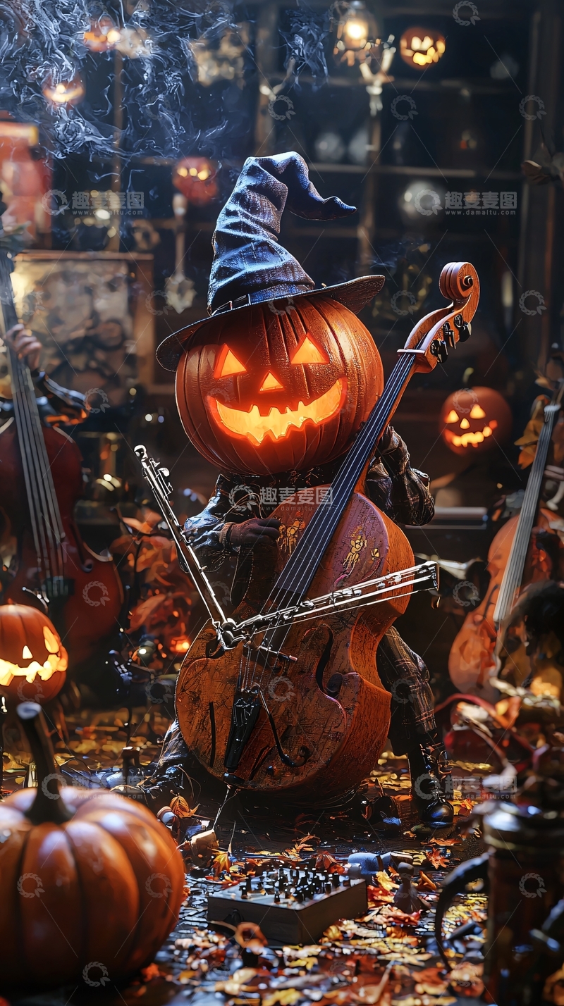高清大图下载【趣麦麦图】万圣节南瓜演奏大提琴