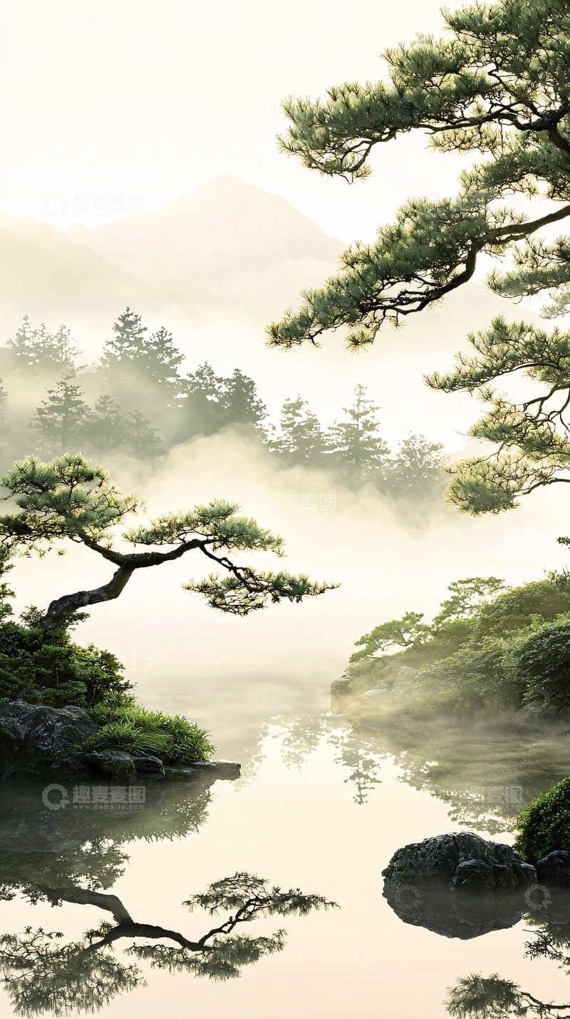高清大图下载【趣麦麦图】晨雾中的松树与静谧湖面