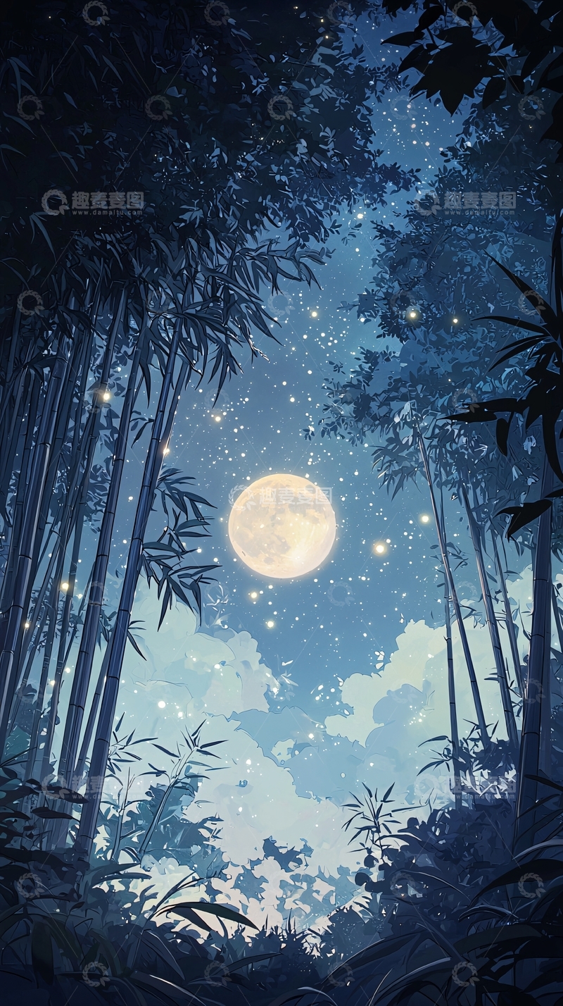 高清大图下载【趣麦麦图】月光下的竹林夜景