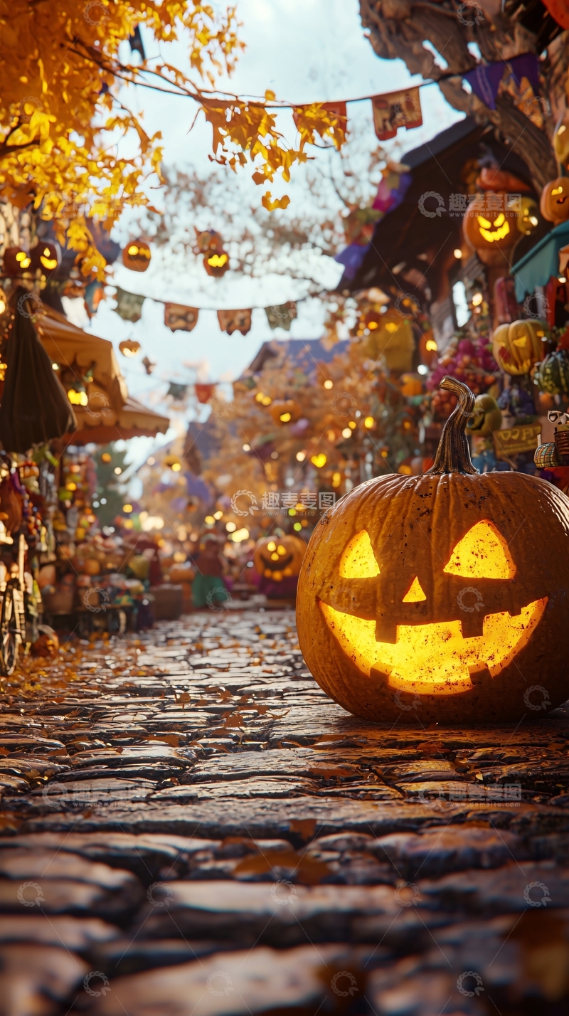 高清大图下载【趣麦麦图】万圣节南瓜灯装饰街道