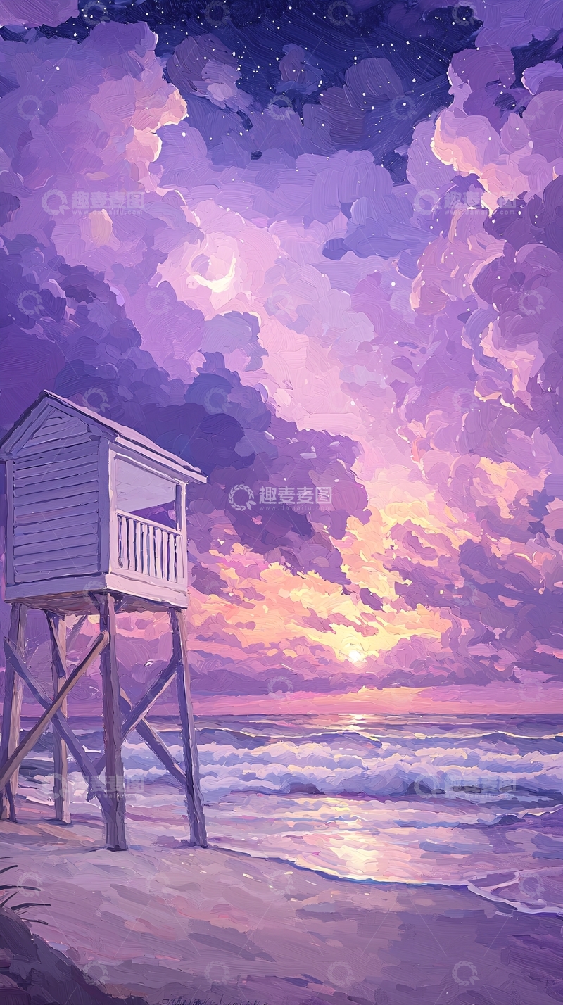 高清大图下载【趣麦麦图】紫色天空下的海滩守望塔