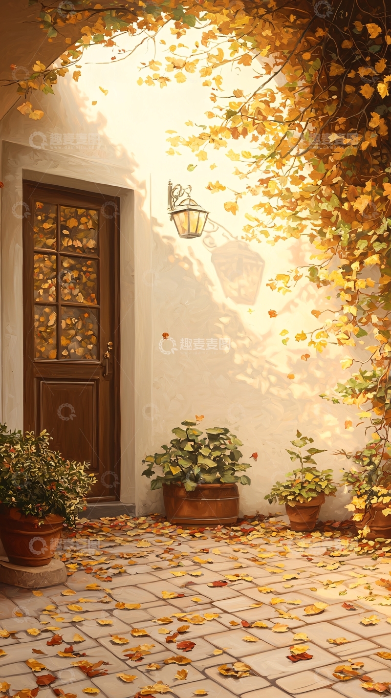 高清大图下载【趣麦麦图】秋日庭院落叶门廊