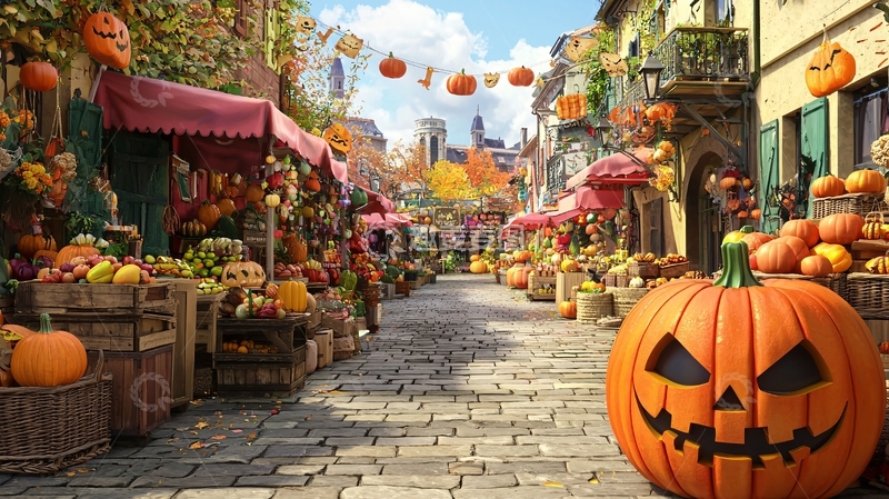 高清大图下载【趣麦麦图】万圣节南瓜市场街道