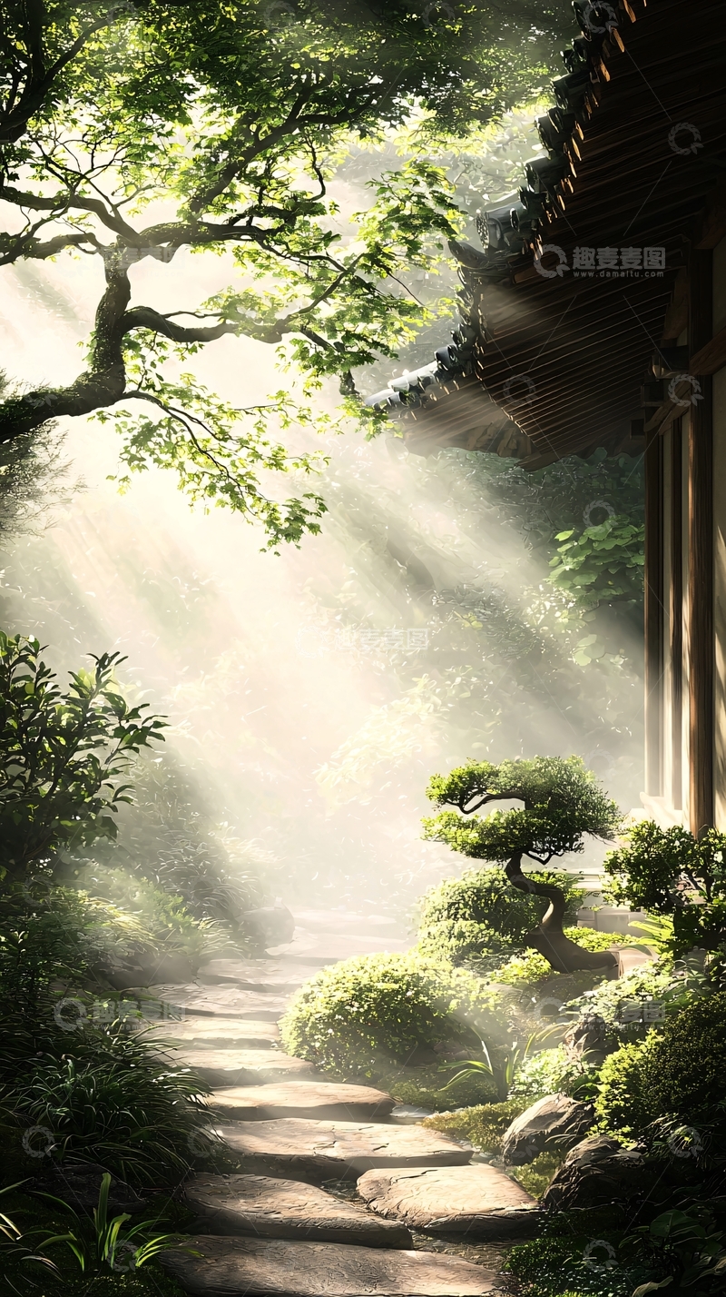 高清大图下载【趣麦麦图】禅意庭院石径光影