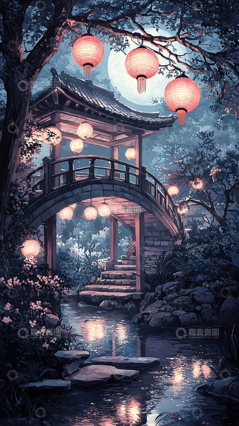 高清大图下载【趣麦麦图】月夜古桥灯笼花园