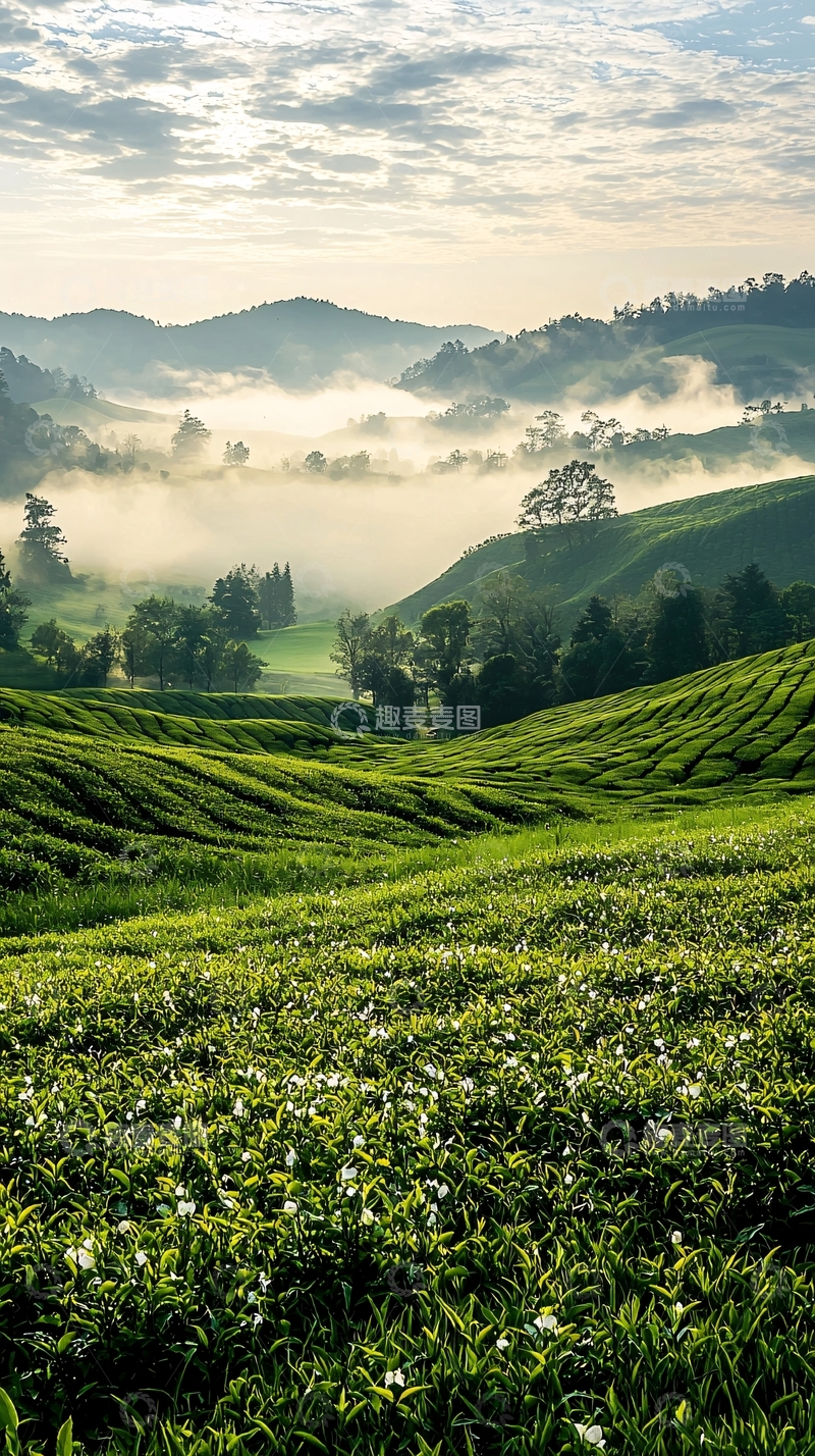 高清大图下载【趣麦麦图】茶园晨雾风景