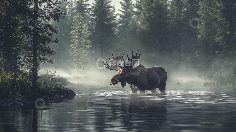 高清大图下载【趣麦麦图】晨雾中的鹿在水中漫步