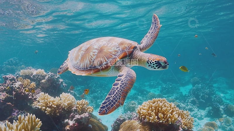 高清大图下载【趣麦麦图】海龟与珊瑚礁下的美丽世界