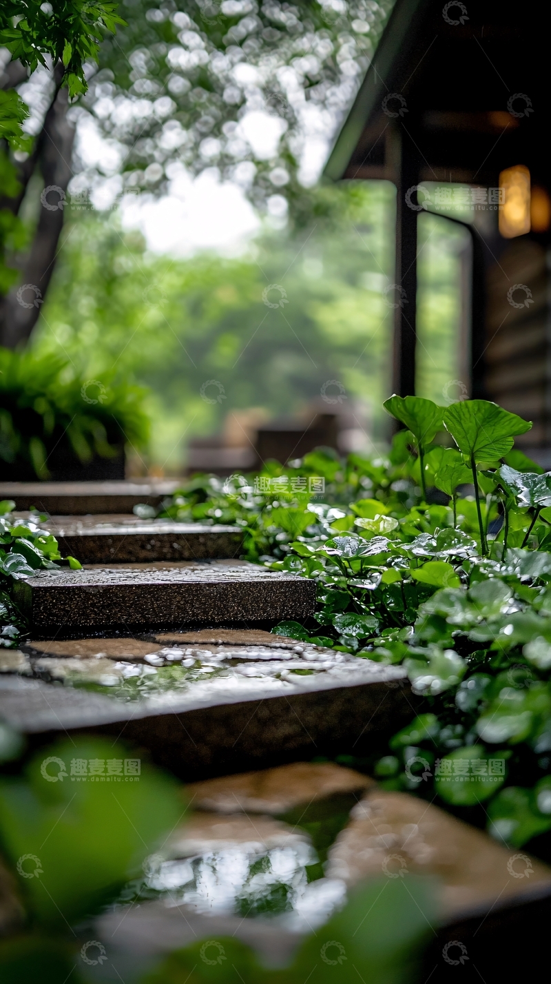 高清大图下载【趣麦麦图】雨后石阶上的绿色植物