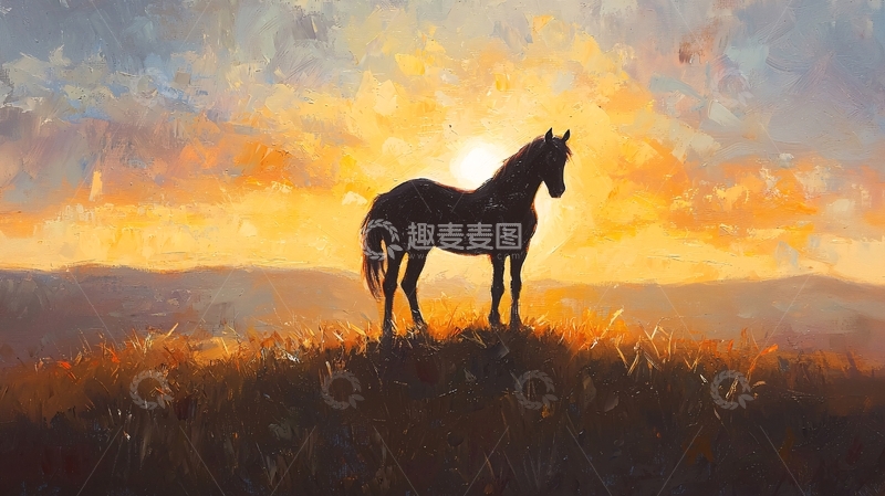 高清大图下载【趣麦麦图】夕阳下的孤独马影