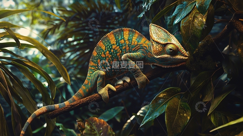 高清大图下载【趣麦麦图】变色龙在热带雨林中爬行