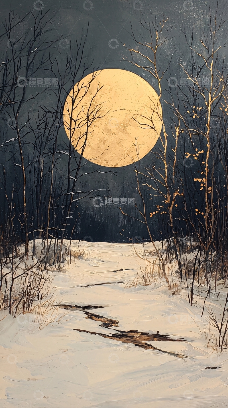 高清大图下载【趣麦麦图】冬夜月光下的雪地小径