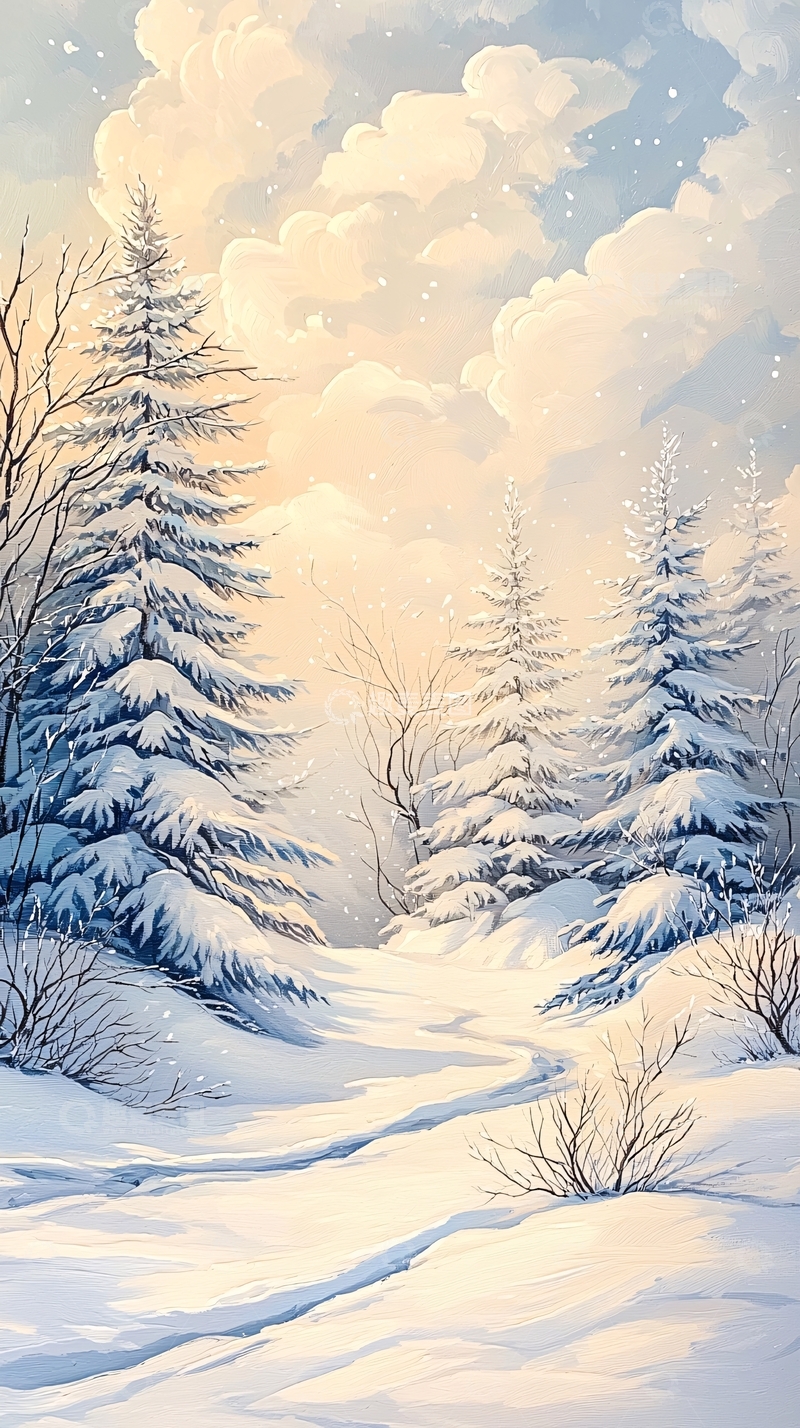 高清大图下载【趣麦麦图】冬日雪景松林小径