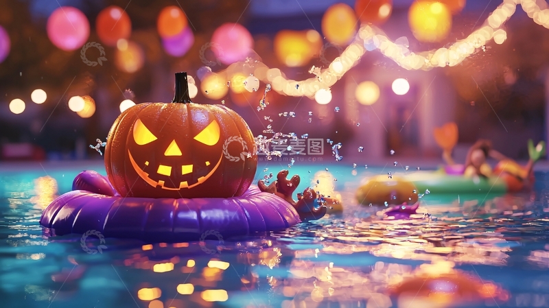 高清大图下载【趣麦麦图】万圣节南瓜灯游泳池场景