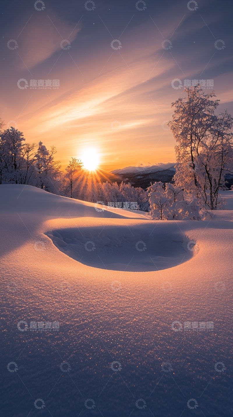 高清大图下载【趣麦麦图】冬日雪地日出风景