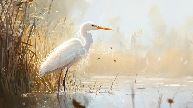 高清大图下载【趣麦麦图】晨光中的白鹭与芦苇