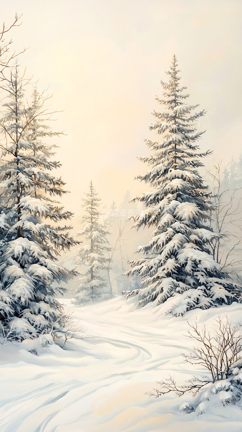 高清大图下载【趣麦麦图】冬日雪景松林小径