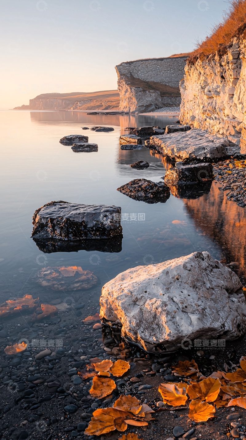 高清大图下载【趣麦麦图】夕阳下的海边岩石风景