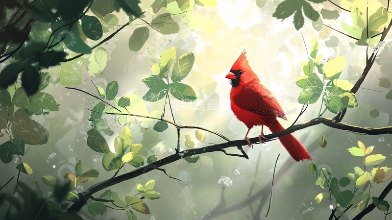 高清大图下载【趣麦麦图】红雀栖息在树枝上的自然风光