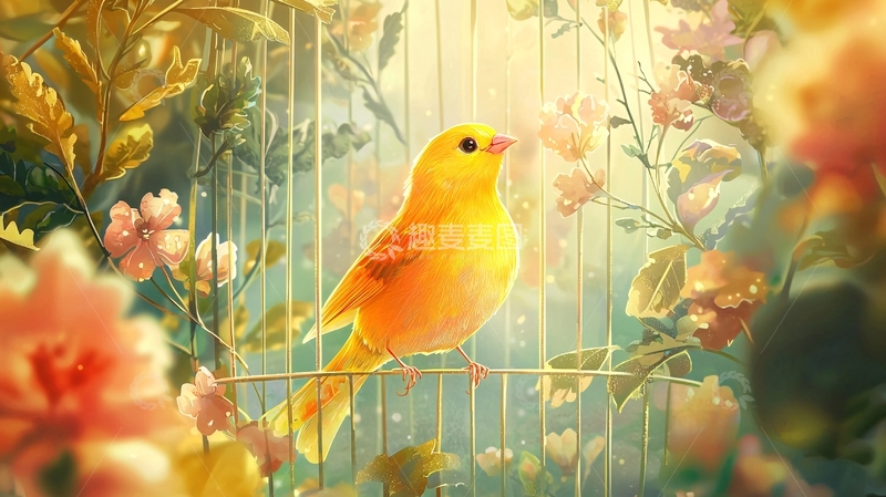 高清大图下载【趣麦麦图】金黄小鸟笼中花影