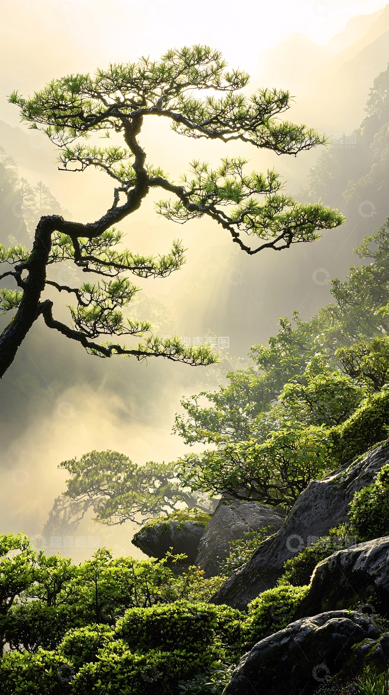 高清大图下载【趣麦麦图】雾中松树与岩石