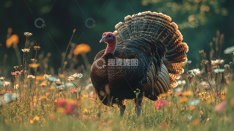 高清大图下载【趣麦麦图】雄性火鸡在花丛中展示羽毛