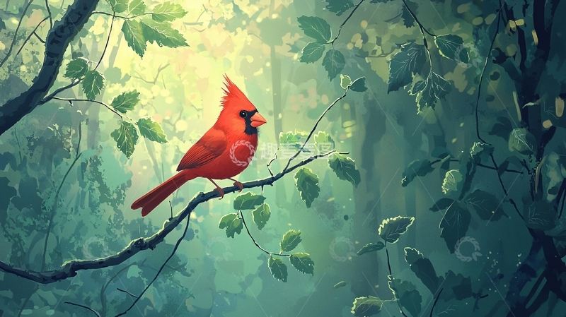 高清大图下载【趣麦麦图】红雀栖息在森林枝头