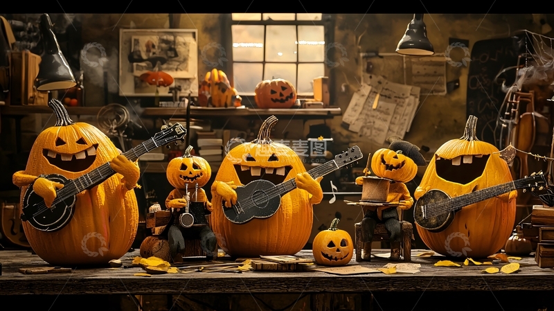 高清大图下载【趣麦麦图】万圣节南瓜乐队演奏场景