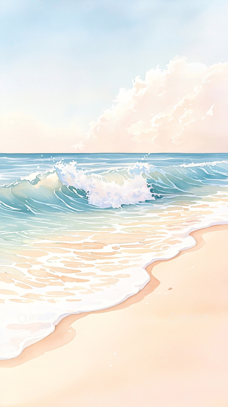 高清大图下载【趣麦麦图】海滩海浪沙滩风景插画