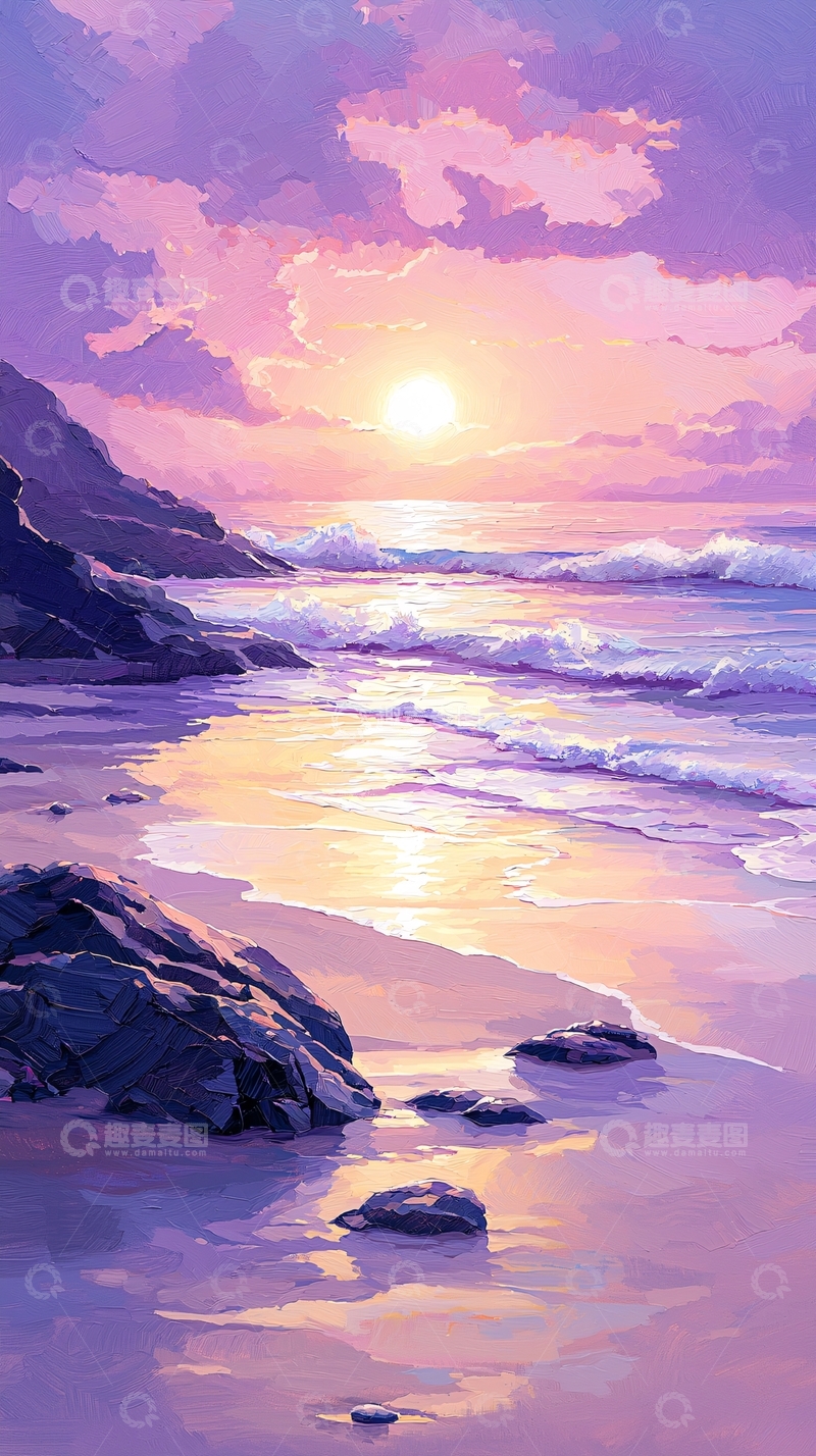 高清大图下载【趣麦麦图】日落海滩风景画