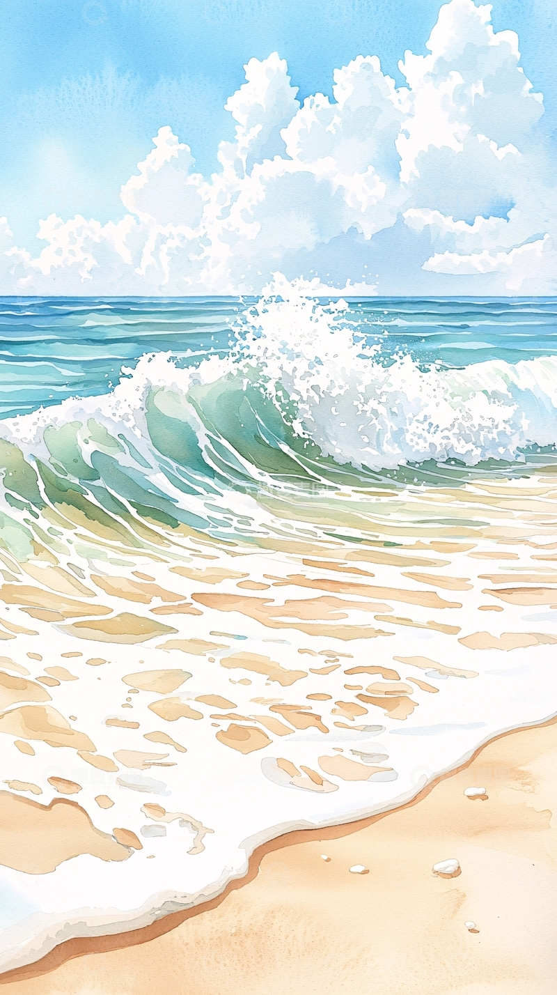 高清大图下载【趣麦麦图】海浪沙滩水彩画背景