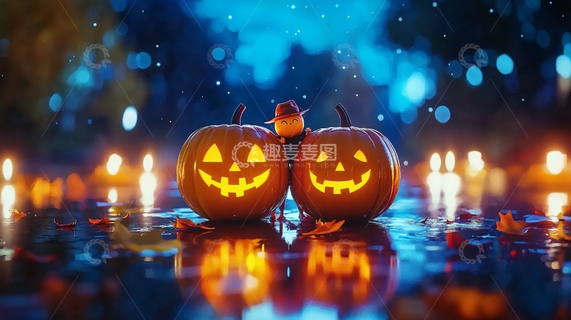 高清大图下载【趣麦麦图】万圣节南瓜灯与蜡烛夜景