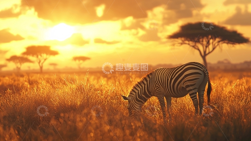 高清大图下载【趣麦麦图】非洲草原上的斑马与日落