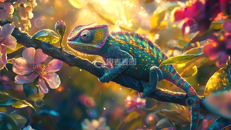高清大图下载【趣麦麦图】色彩斑斓的变色龙在花丛中